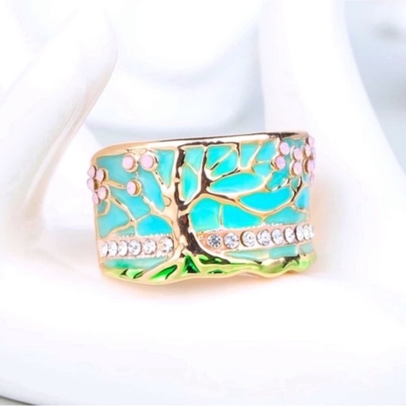 NIB 18k Gold Fire Opal and enamel tree of life Cherry blossom ring - Picture 10 of 16